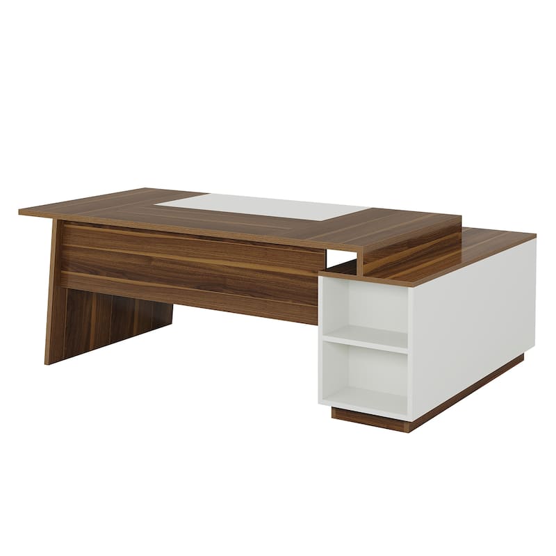 70.5" L-Shaped Executive Office Desk with Storage Cabinet & Shelves, Walnut & White