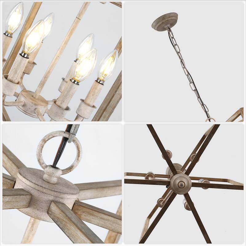 CurveCurio 24" Rustic Wood Chandelier with Candle-Style Light Base and 70" Adjustable Chain for Dining Room Elegance