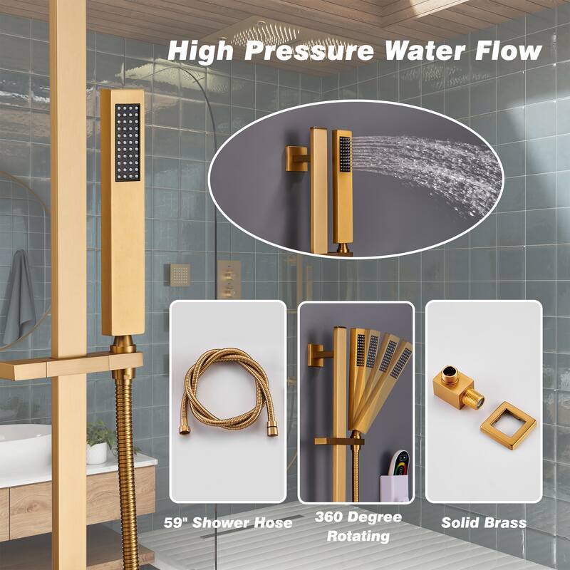 Luxury 5-Spray Patterns 28 in. Ceiling Mount Shower System with Handheld Shower Head, 3 Body Jets, LED, and Music - 16" x 28"