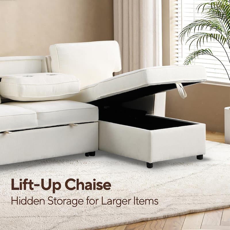 Chenille L-shaped Sectional Sofa with Pull Out Sleeper Bed, Reversible Storage Chaise, Folding Cup Holders and Charging Station