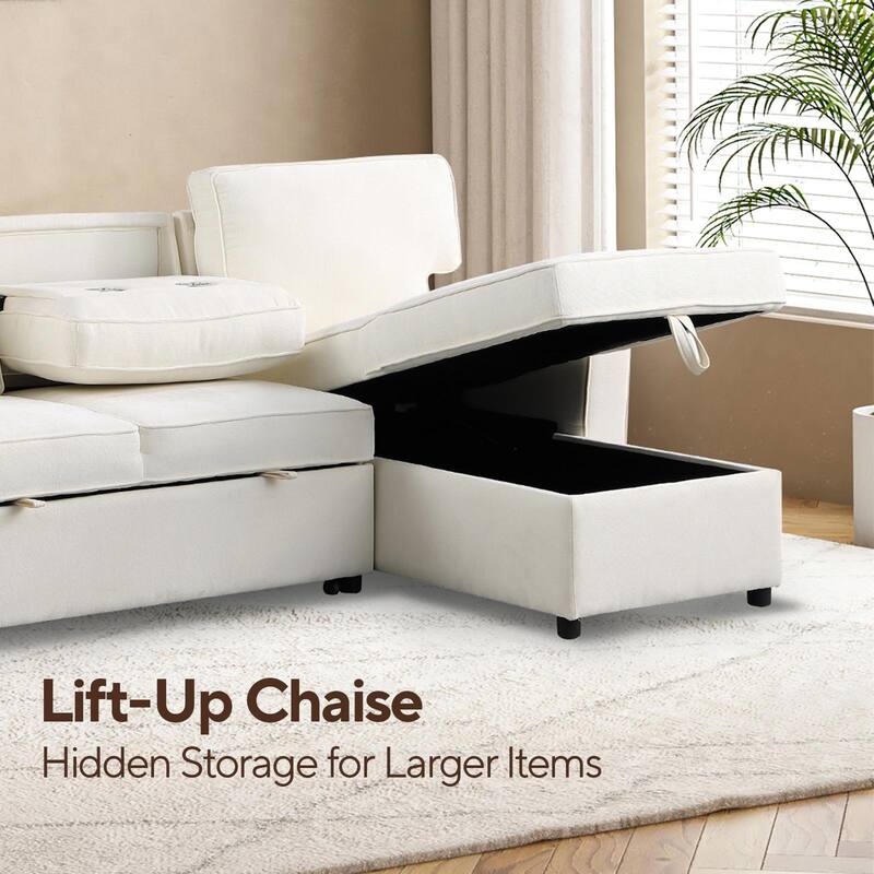 Upholstered Sleeper Sectional Sofa with Storage, USB Ports and Cup Holders, Multi-Functional Modern Sectional Sofa