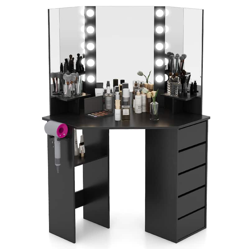 Costway Corner Vanity Desk Cosmetic Vanity Station with LED Mirror,& - See Details