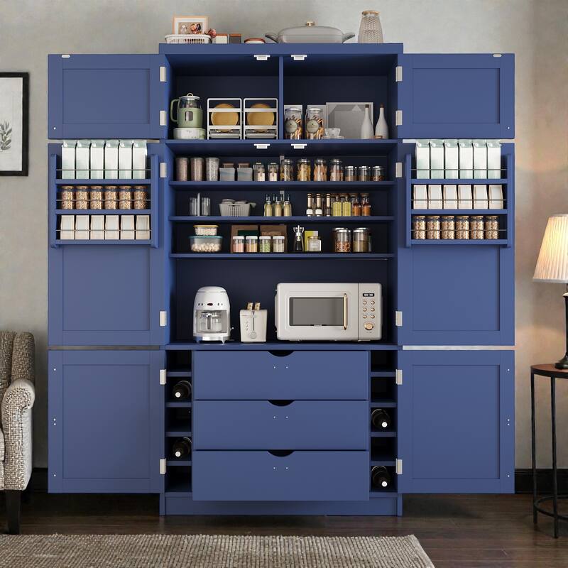 80.1'' Tall Kitchen Pantry Cabinet, Shaker Storage Cupboard w/ Power Outlets, Drawers, Wine Rack, Adjustable Shelves