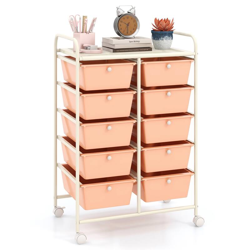 Gymax 10-Drawer Storage Cart Utility Rolling Trolley Kitchen Organizer - Pink