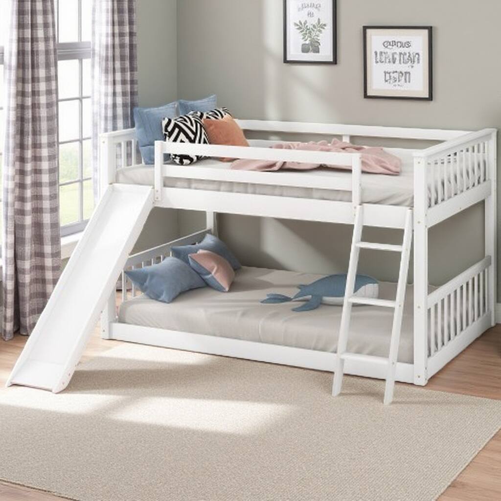 Twin Over Twin Low Bunk Bed with Reversible Slide and Built-In Ladder, Wooden Frame with Guardrails
