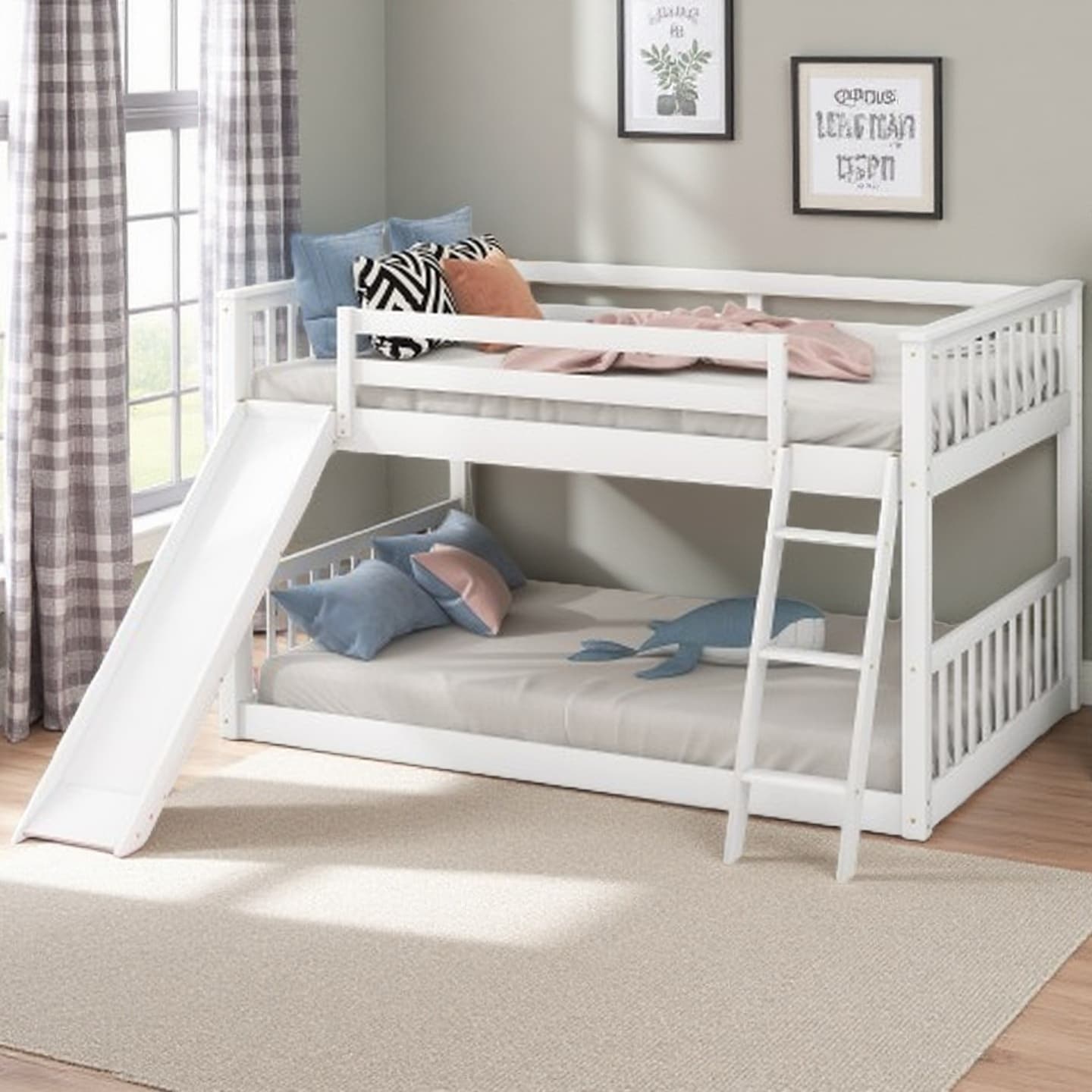 Twin Over Twin Low Bunk Bed with Reversible Slide and Built-In Ladder, Wooden Frame with Guardrails