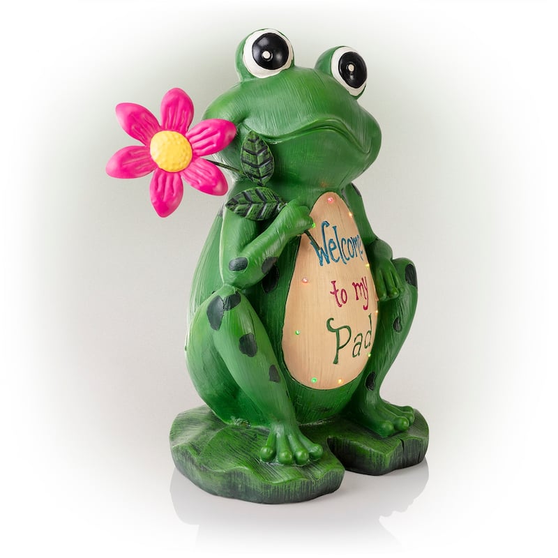 Alpine Corporation 18" Tall Outdoor Frog with Color Changing LED Lights and Welcome Sign Yard Statue