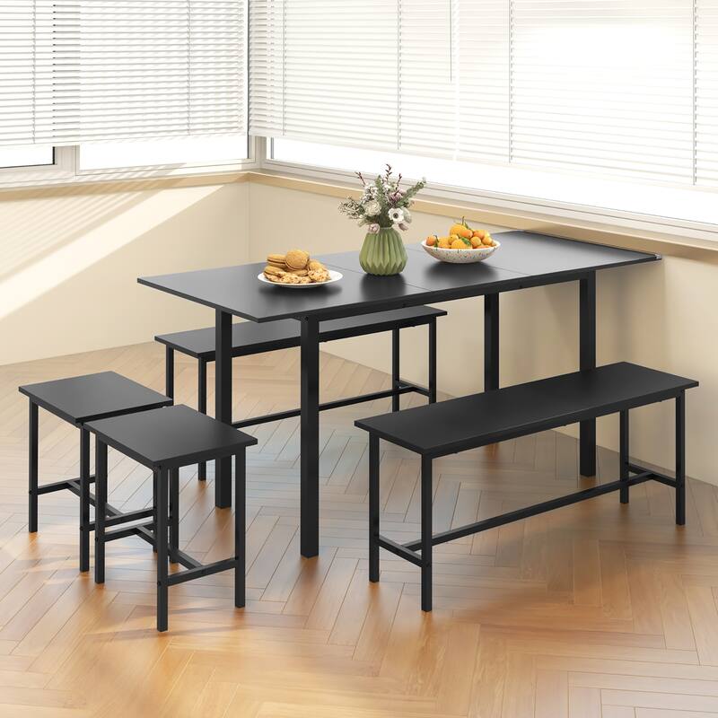 Gymax 5 PCS Dining Table Set for 4-6 w/ 2 Benches & 2 Stools Metal