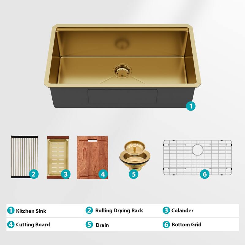 Undermount 16 Gauge Single Bowl Stainless Steel Kitchen Sink in Gold