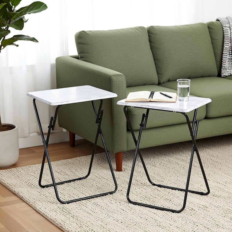HomyLin Wood/Marble Folding TV Trays with Metal Frame, 2PC, Rustic Brown / White - White Marble