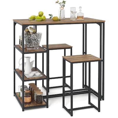 3-Piece Bar Height Table and Stools Set Metal Frame MDF Top with Side Storage for Kitchen - 44" x 24" x 44"(L x W x H)