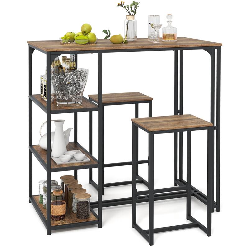 Gymax 3-Piece Bar Table Set 2 Person Dining Furniture Set w/2 Stools 3 - Brown