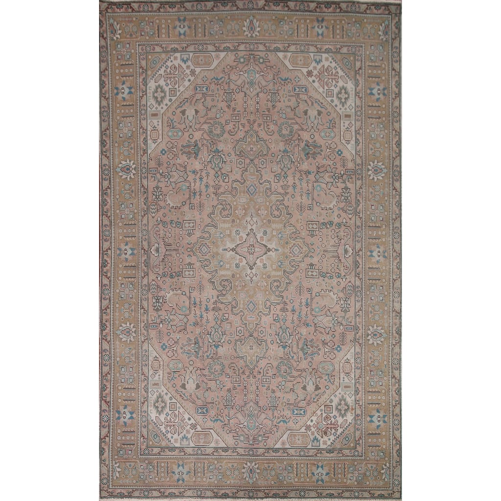 Distressed Pink Tabriz Persian Vintage Area Rug Handmade Wool Carpet - 6'5" x 9'8"