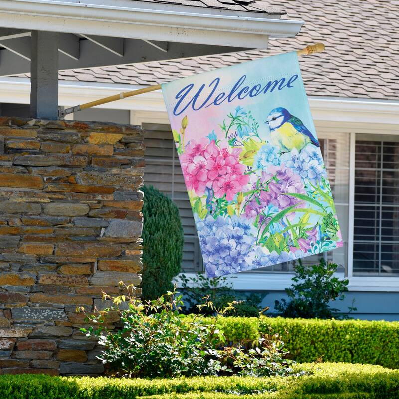 Blue and Purple Welcome Bird Outdoor House Flag 28" x 40"