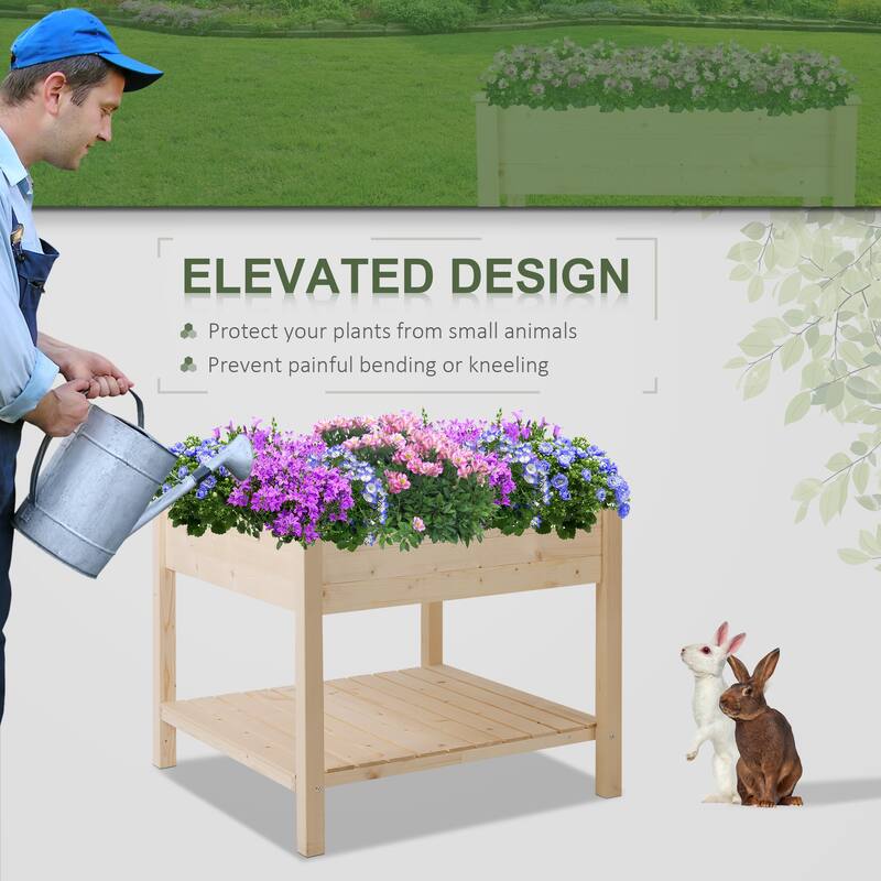Outsunny 3 ft. x 3 ft. Raised Garden Bed with Storage Shelf for Limited Spaces, Wooden Square Planter Box