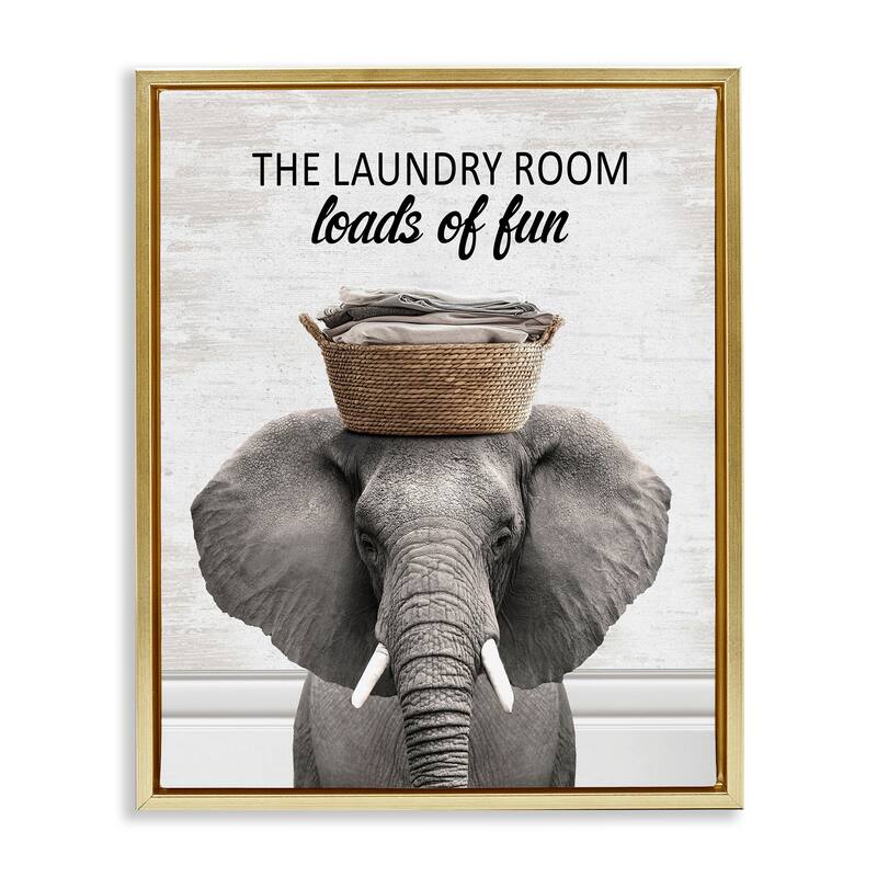 Stupell Loads Of Fun Laundry Elephant Framed Floater Canvas Wall Art Design By Lettered and Lined - 17 x 21 - Gold