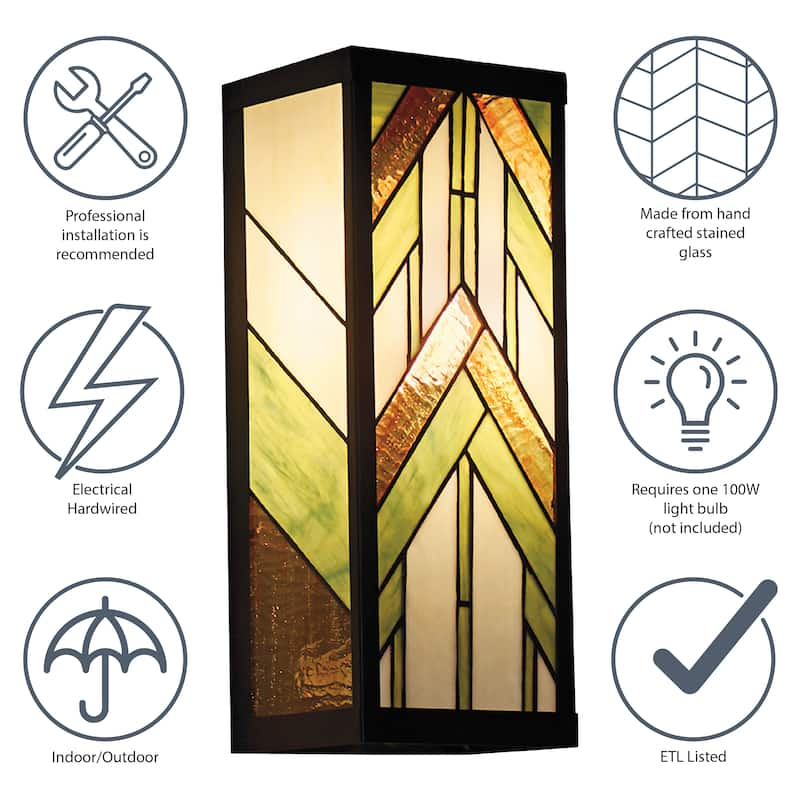River of Goods Green Stained Glass and Black Satin Rectangular 1-Light Outdoor Wall Sconce - 6.25" x 5.5" x 16.25"