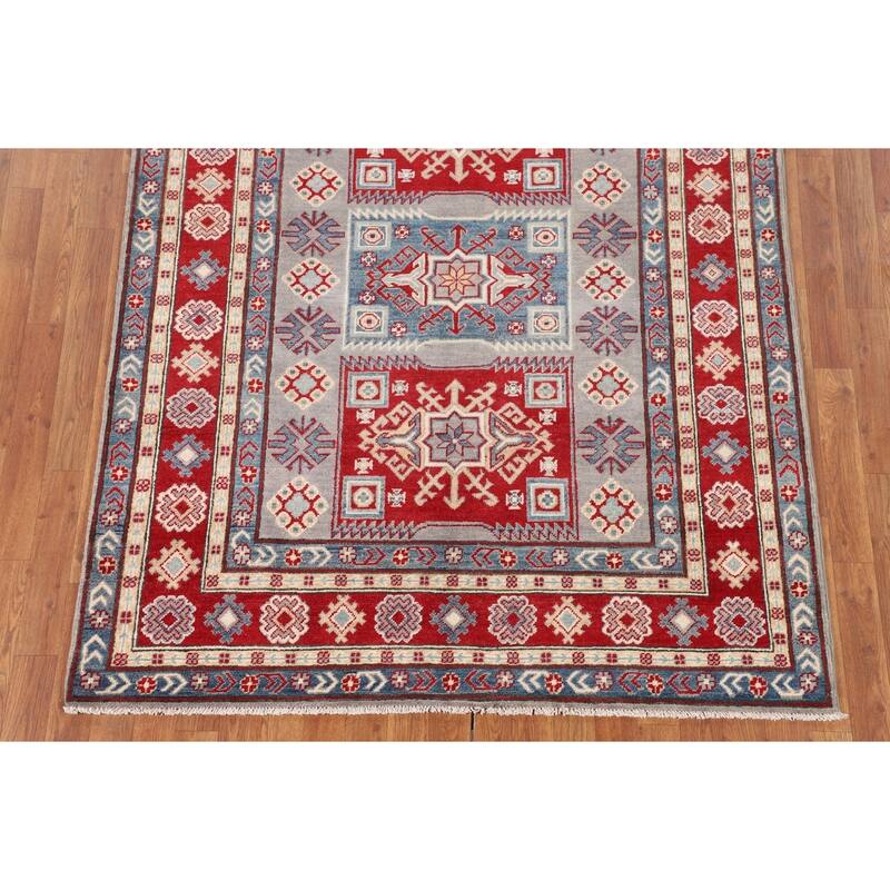 Kazak Oriental Area Rug Hand-Knotted Traditional Grey Wool Carpet - 5'0" x 6'7"