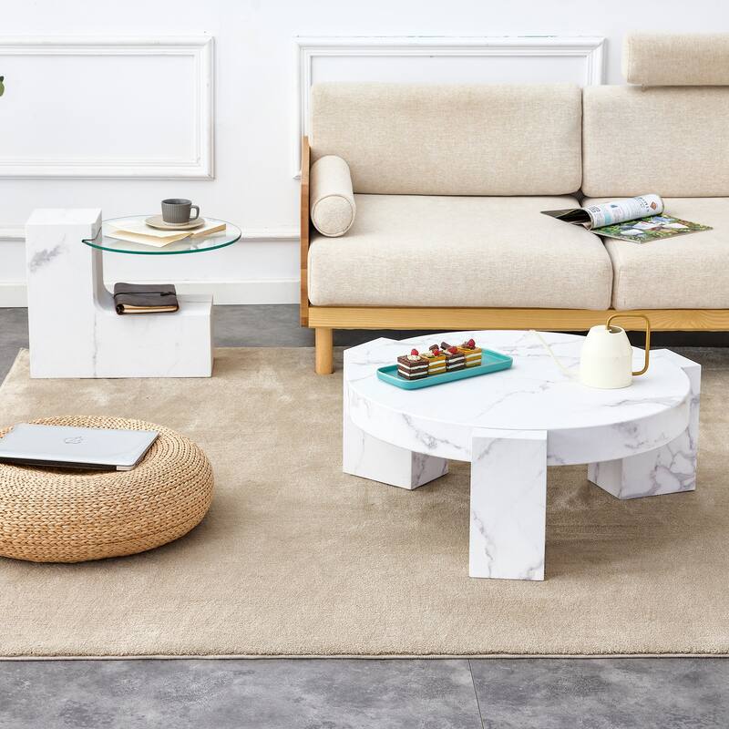 A modern, fashionable, and durable marble textured MDF coffee table with a side table - Wood - White