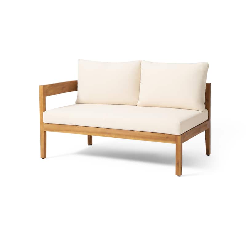 Roomfitters Outdoor 4 Seater Sofa Set with Left and Right Armrests, Wooden Frame Patio Couch with Cushions, Teak Beige