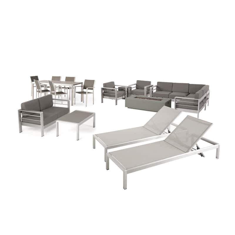 Cape Coral 7 Piece Dining Set and Sofa Set and 4pc Chat Set and Fire Pit and 2 Chaise Lounges by Christopher Knight Home - silver + gray + light gray + khaki cushion