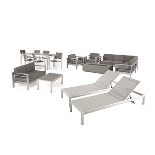 Cape Coral 7 Piece Dining Set and Sofa Set and 4pc Chat Set and Fire Pit and 2 Chaise Lounges by Christopher Knight Home
