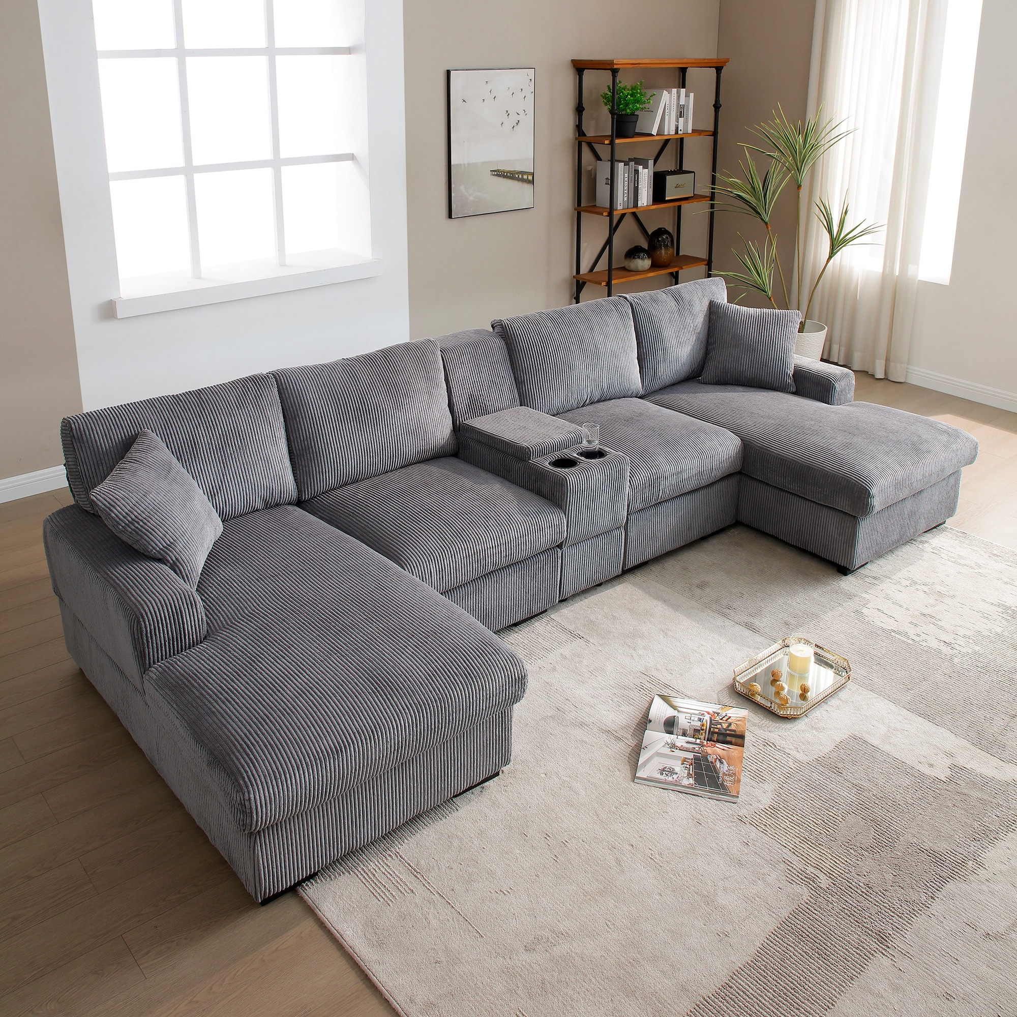 126" Oversized U Shaped Couch, Corduroy Cloud Sectional Sofa with Storage Box, Double Chaise