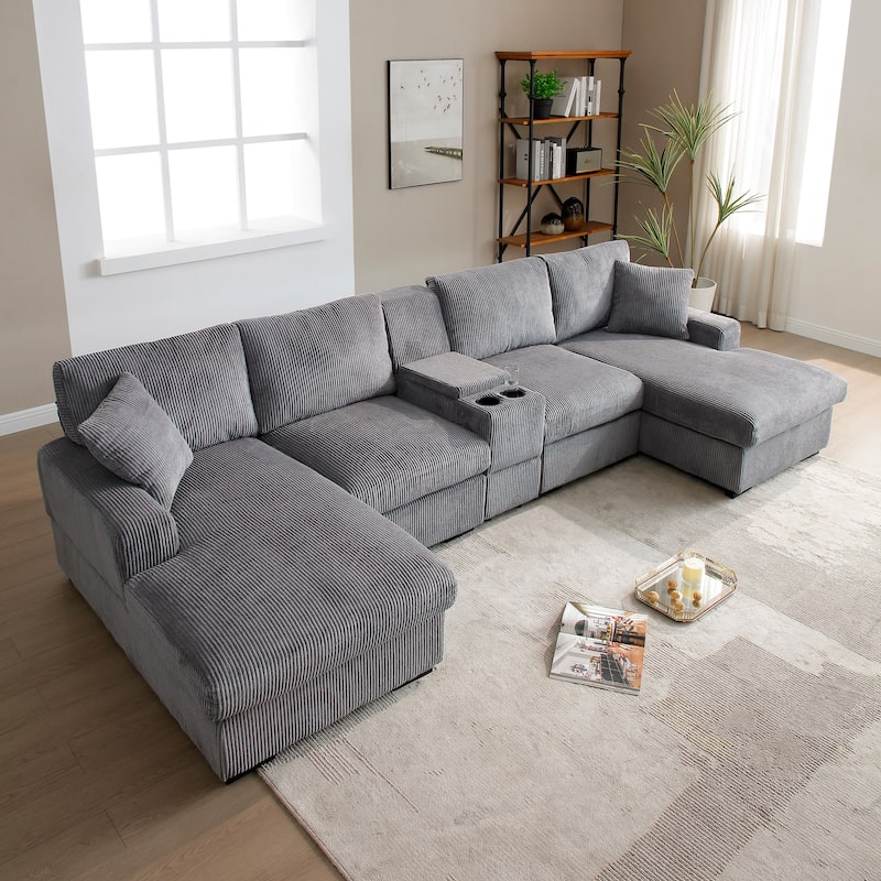 Comfy Corduroy Cloud U-shaped Sectional Sofa with Double Chiase Lounge, Built-in Storage Console and Cup Holders for Living Room