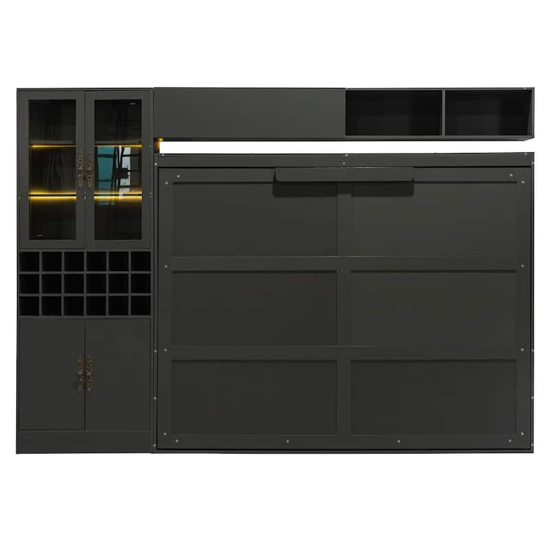 Foldable Murphy Bed Wall Bed with Queen Platform Bed and Sofa, Storage Bed with USB, Glass Door Cabinet, Wine Rack and Shelves