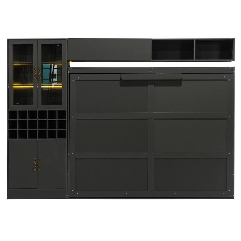 Queen Size Wall Bed with Sofa, Shelves, USB & Light in Gray