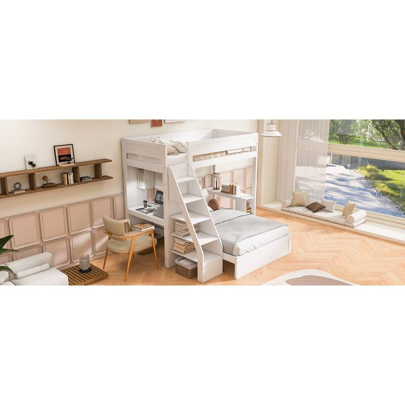 Roomfitters Twin XL Over Full Bunk Bed with Built-In Desk, USB Port and Shelves