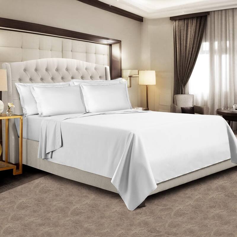 Lavish Touch 400 TC 100 % Cotton Flat Sheet Only 1 Pc with Stylish 4" Hem - White - Queen