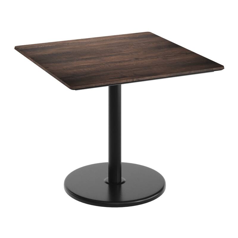 Commercial HPL Tabletop with Table Height Round Base - 36"W x 36"D x 29.5"H - Dark Brown/Black Base