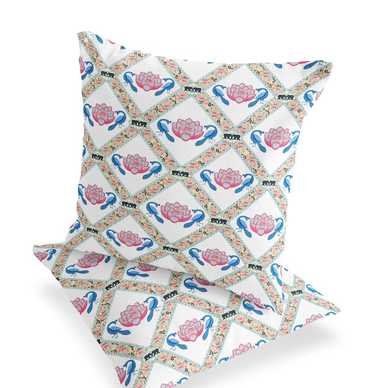 HomeRoots Set of Two 16" X 16" Blue and White Peacock Blown Seam Floral Indoor Outdoor Throw Pillow - 16.00' X '16.00' X '5.00