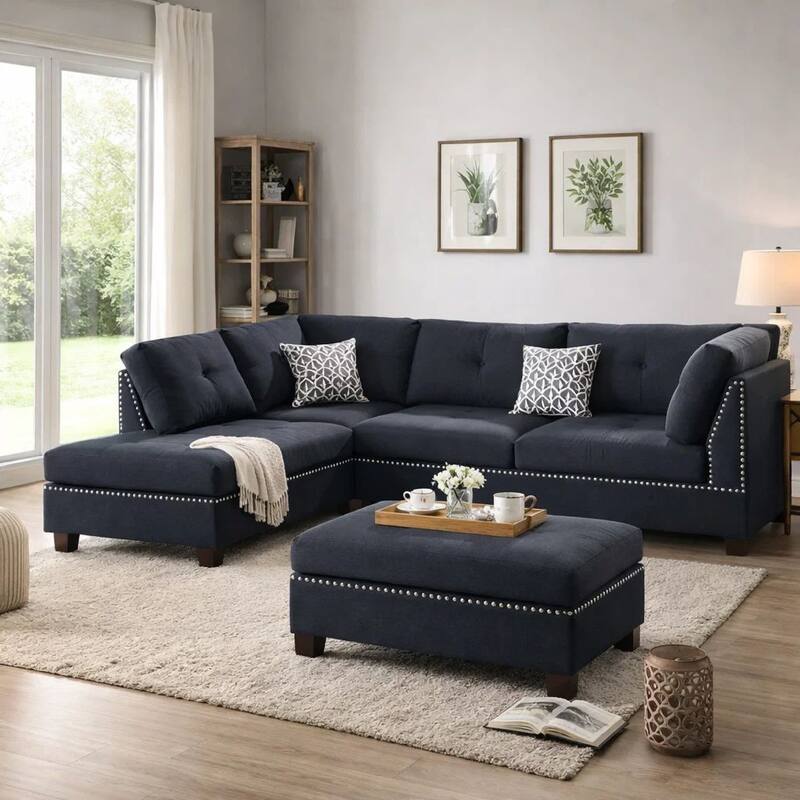 Polyfiber 3 Pieces Sectional Set With Ottoman In Black