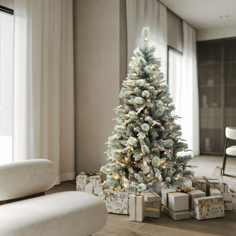 6Ft Full Artificial Snow-Flocked Christmas Tree with Lights, 10-Control & 3-Color Light Modes - 72" H x 41.3" Diameter