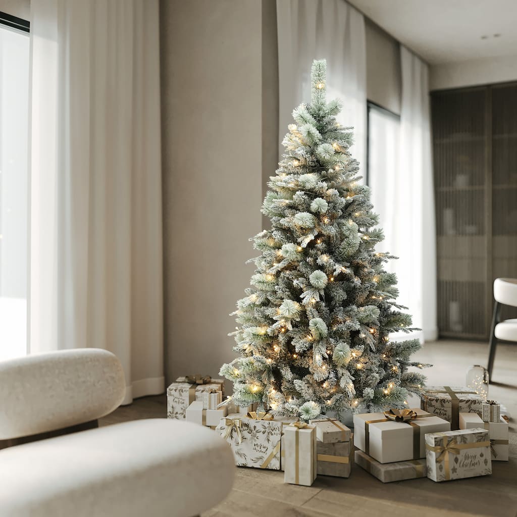 6Ft Full Artificial Snow-Flocked Christmas Tree with Lights, 10-Control & 3-Color Light Modes - 72" H x 41.3" Diameter