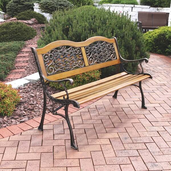 Shop Sunnydaze 2 Person Ivy Crossweave Outdoor Cast Iron Wood Garden Patio Bench 49 Overstock 16636373