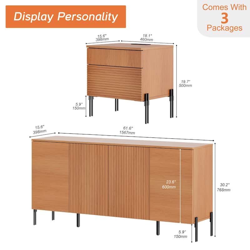 WAMPAT 3-Piece Modern Bedroom Furniture Set, Includes Sideboard Buffet Cabinet, Set of 2 Night Stands,