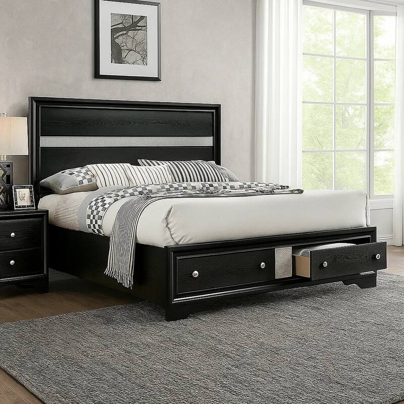 Cevy Queen Size Bed, Footboard Drawers, Black Wood w Glitter Accents