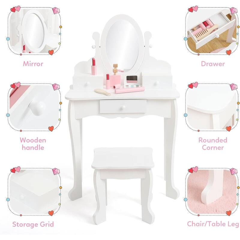 Girls Makeup Vanity Table Set with Stool, Dressup Playset