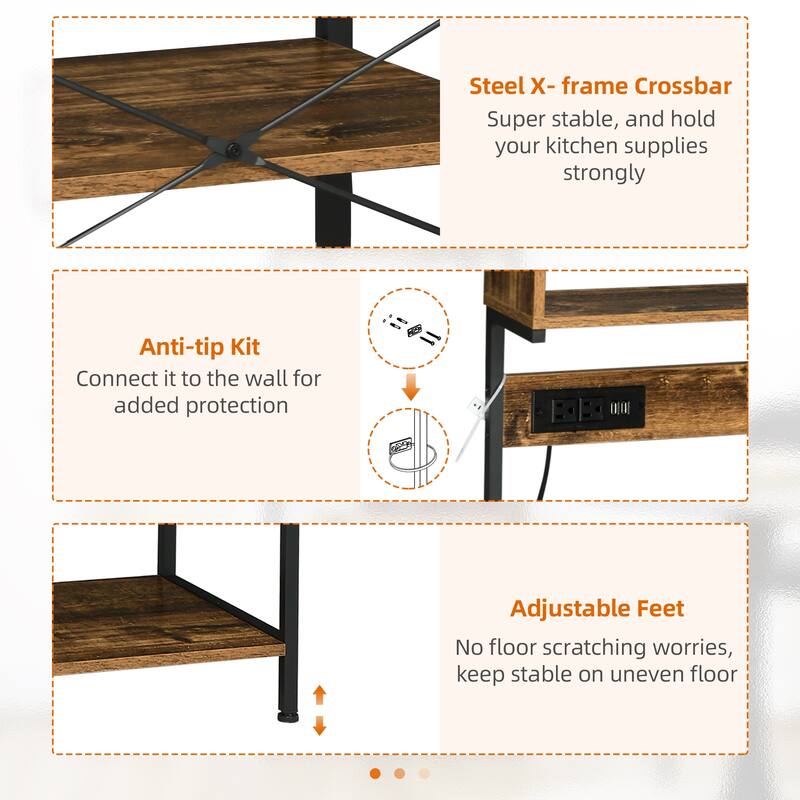 Kitchen Bakers Rack with Power Outlet, USB Charger, Microwave Stand, Coffee Bar with Adjustable Shelves