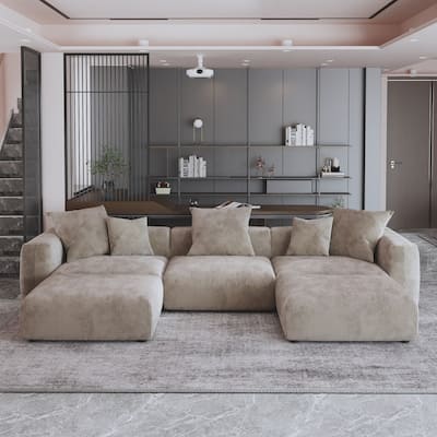141.73" Modular Sectional Sofa, Corduroy U Shaped Sofa Couch with Ottomans