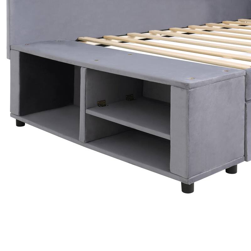 Twin Size L-Shaped Upholstered Platform Bed with Storage and Drawers in Gray