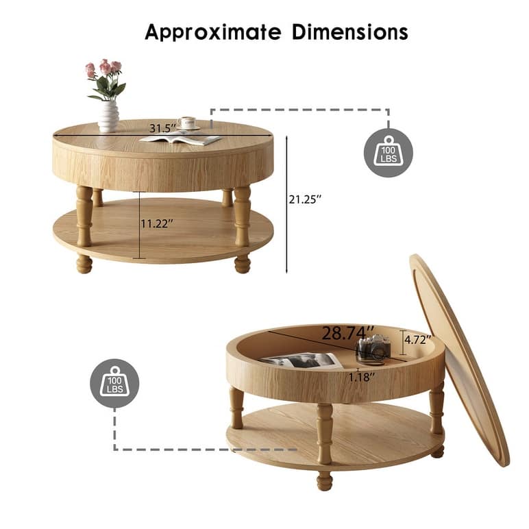 Modern Round Coffee Table with Dual Storage and Flip-Top Design for Living Room Organization