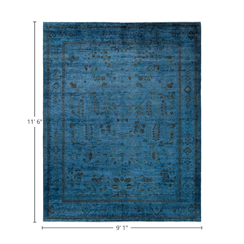 Overton Hand Knotted Wool Vintage Inspired Modern Contemporary Overdyed Blue Area Rug - 9' 1" x 11' 6"