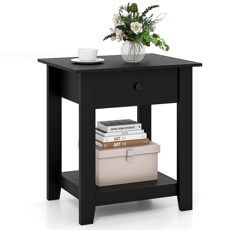 Costway 1/2 PCS Nightstand with Drawer 3-Tier Modern Bedside Table - Black-1 PCS