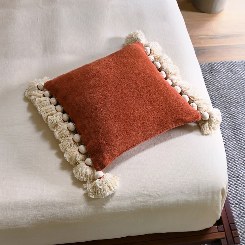 Cotton Chenille Lumbar Pillow with Tassels - T3 - 18"L x 18" W - Terracotta III