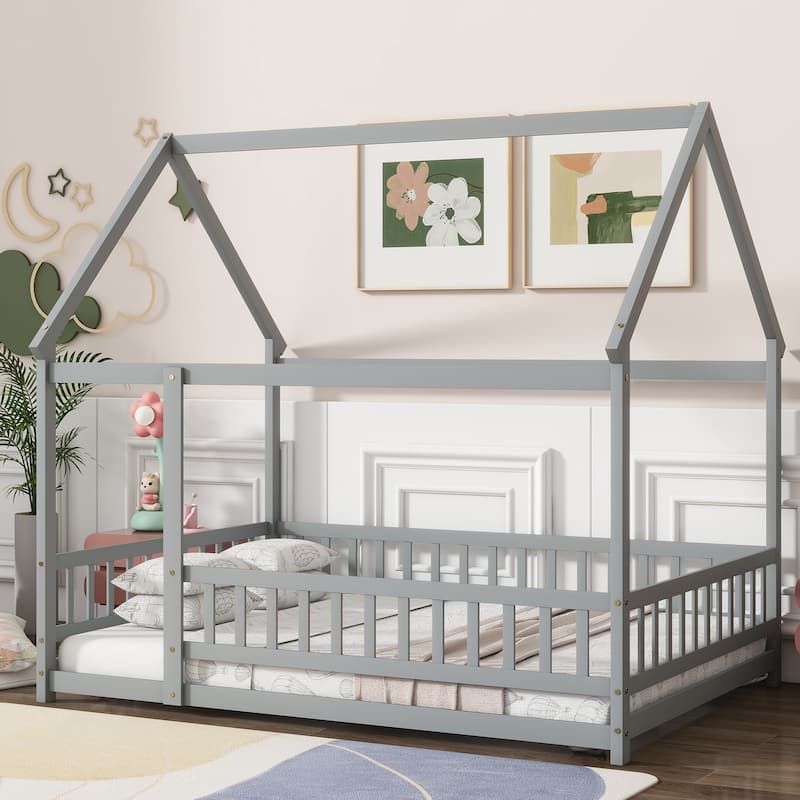 Wood Toddler House Bed with Roof Frame and Safety Guardrails Montessori Floor Bed without Slats No Door Houseshaped Platform Bed - Grey - Full