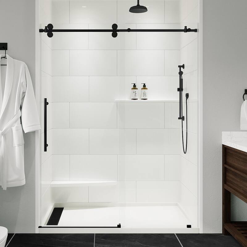 Seawin Briza 44 - 48 x 76 inches Frameless Sliding Shower Door 3/8 in. (10 mm) Clear Tempered Glass with NanoShield Coating - Matte Black